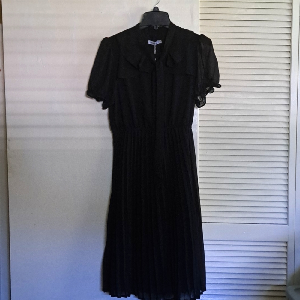 HAOKEKE Work dress Chiffon Black Retro Pleated Buttons Down Bow Tie Caual Dress